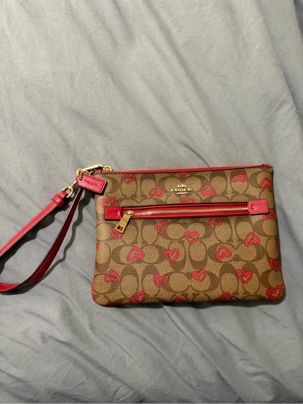 Coach Brown Signature Wristlet with Pink Heart Accents